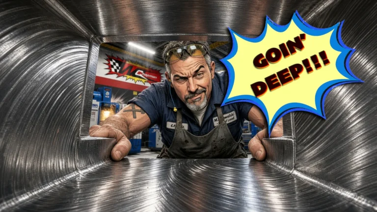 Max Kowalski looking down into a deep machined pocket, with a "Goin' Deep!!!" callout