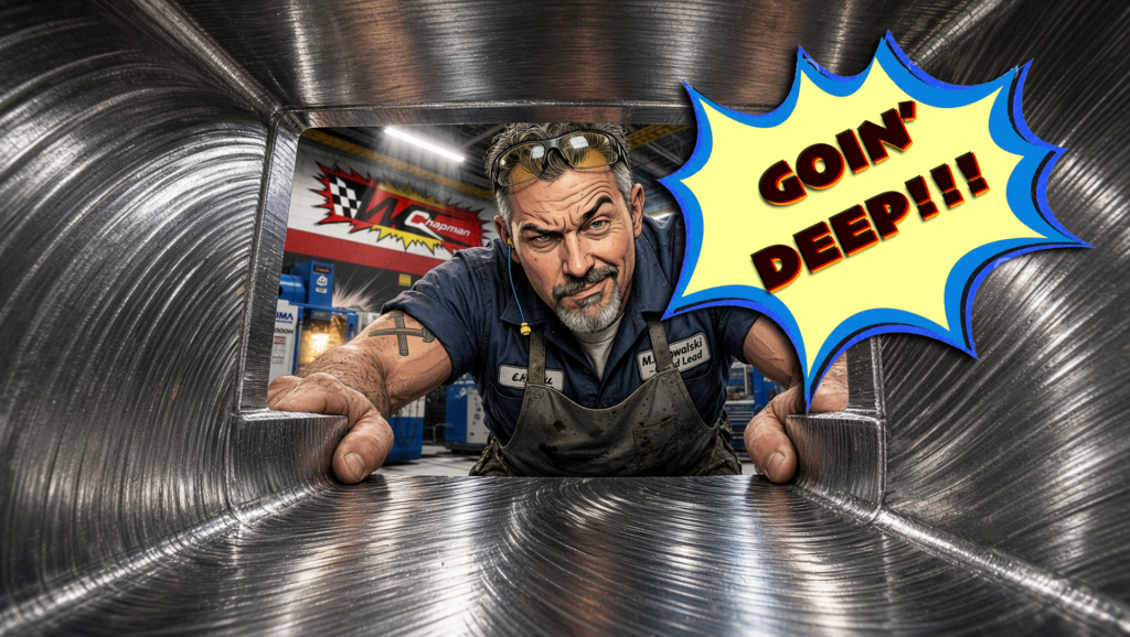 Max Kowalski looking down into a deep machined pocket, with a "Goin' Deep!!!" callout